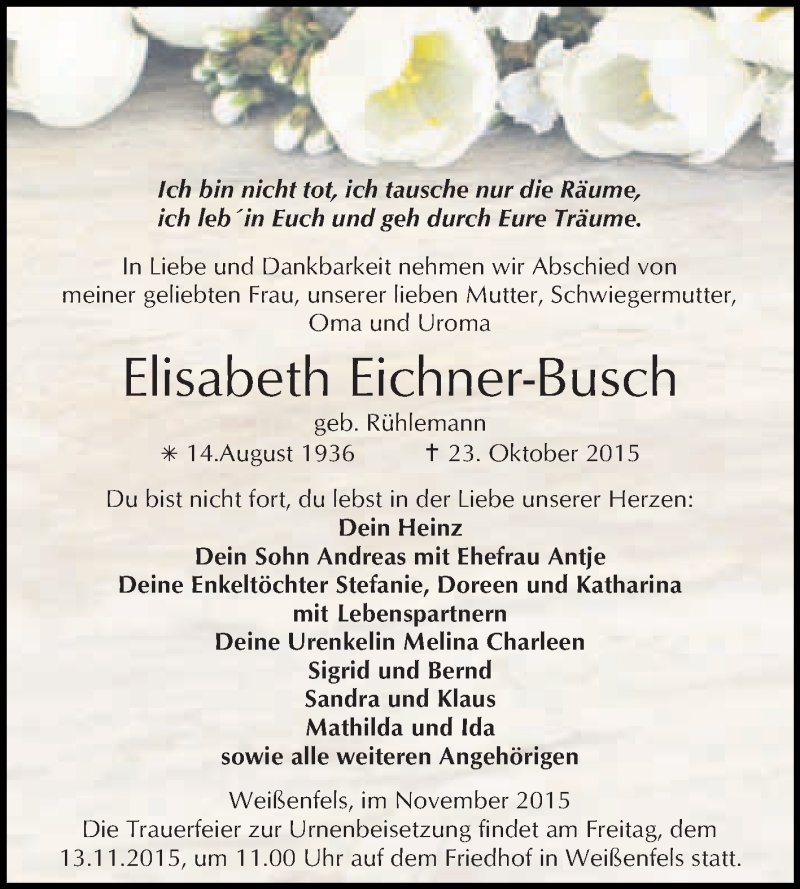  Traueranzeige für Elisabeth Eichner-Busch vom 04.11.2015 aus WVG - Wochenspiegel NMB / WSF / ZTZ