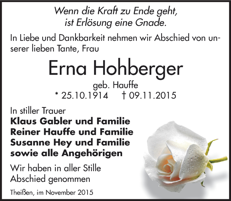  Traueranzeige für Erna Hohberger vom 21.11.2015 aus Mitteldeutsche Zeitung Zeitz
