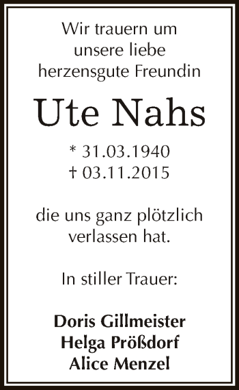 Traueranzeige von Ute Nahs von WVG - Wochenspiegel Dessau / Köthen