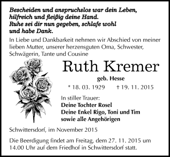 Traueranzeige von Ruth Kremer von Mitteldeutsche Zeitung Halle/Saalkreis