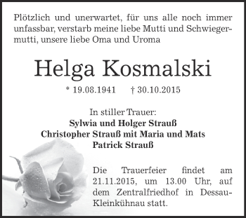 Traueranzeige von Helga Kosmalski von WVG - Wochenspiegel Dessau / Köthen