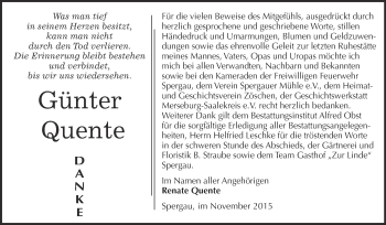 Traueranzeige von Günter Quente von Super Sonntag Merseburg