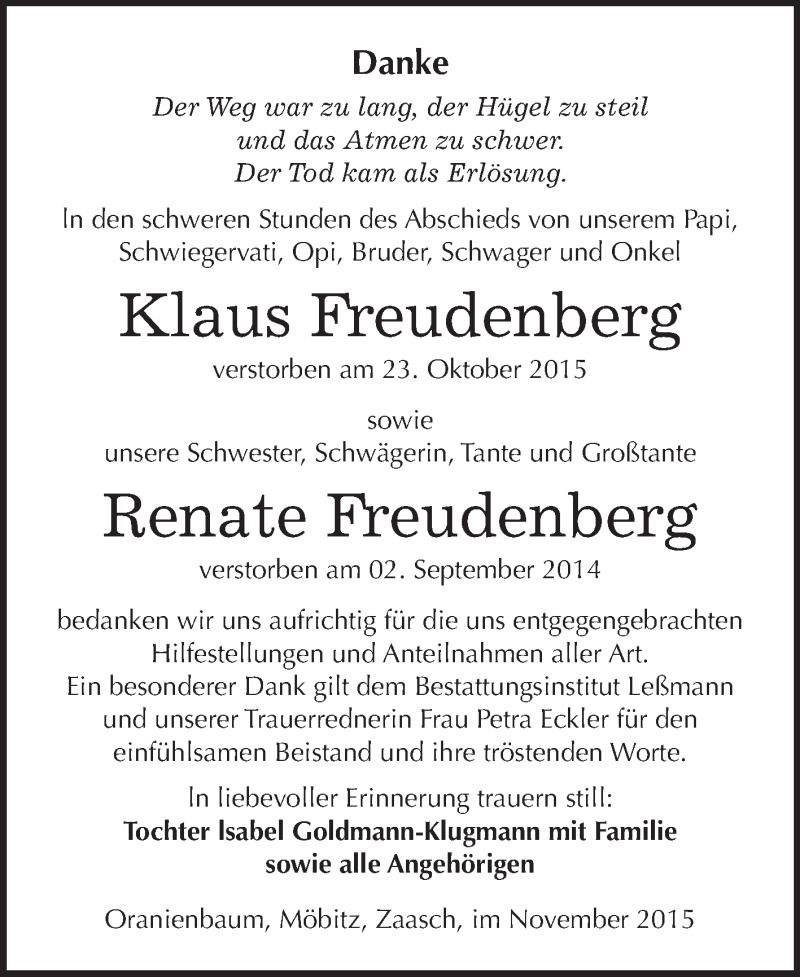  Traueranzeige für Klaus und Renate Freudenberg vom 28.11.2015 aus WVG - Wochenspiegel Wittenberg