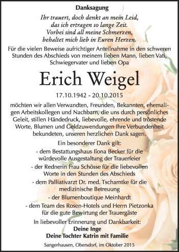 Traueranzeige von Erich Weigel von Mitteldeutsche Zeitung Sangerhausen