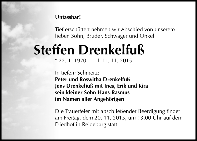  Traueranzeige für Steffen Drenkelfuß vom 18.11.2015 aus Mitteldeutsche Zeitung Halle/Saalkreis