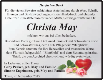 Traueranzeige von Christa May von Super Sonntag Quedlinburg