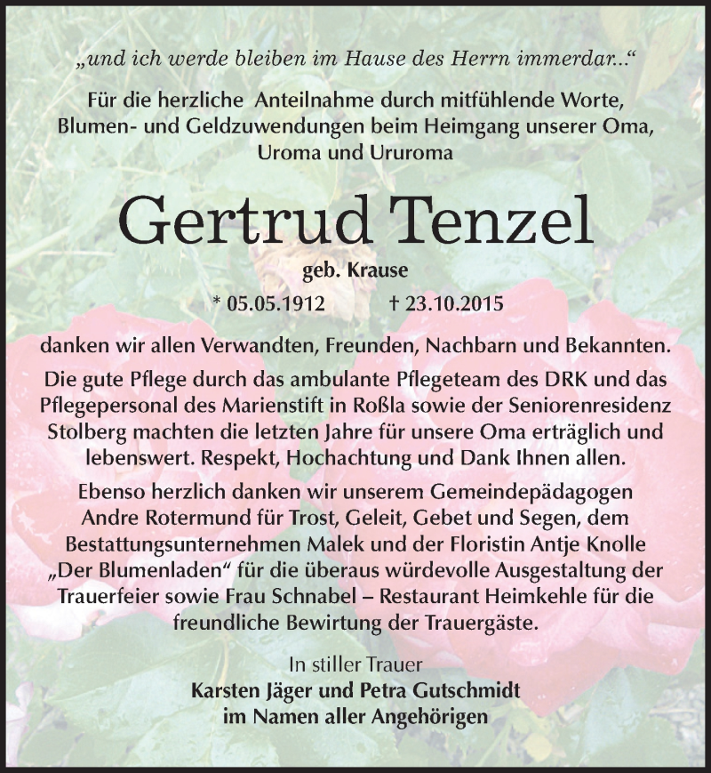  Traueranzeige für Gertrud Tenzel vom 04.11.2015 aus Mitteldeutsche Zeitung Sangerhausen