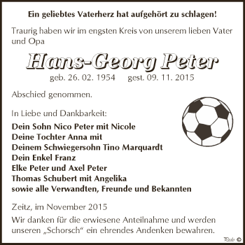 Traueranzeige von Hans-Georg Peter von Super Sonntag Zeitz