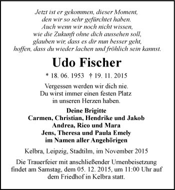 Traueranzeige von Udo Fischer von Mitteldeutsche Zeitung Sangerhausen