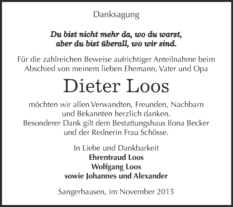  Traueranzeige für Dieter Loos vom 28.11.2015 aus Super Sonntag SGH Mansf. Land