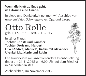 Traueranzeige von Otto Rolle von Super Sonntag Aschersleben