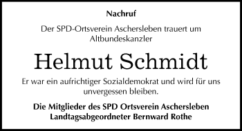 Traueranzeige von Helmut Schmidt von Mitteldeutsche Zeitung Aschersleben