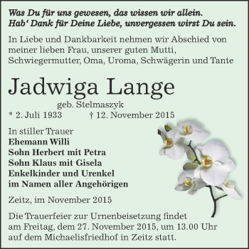Traueranzeige von Jadwiga Lange von Super Sonntag Zeitz