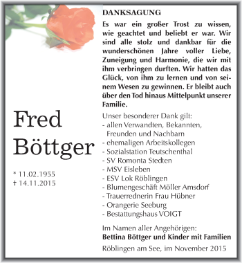 Traueranzeige von Fred Böttger von Mitteldeutsche Zeitung Mansfelder Land