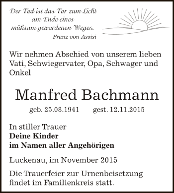 Traueranzeige von Manfred Bachmann von Super Sonntag Zeitz