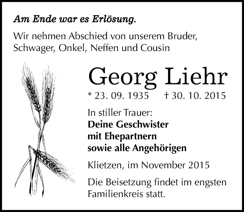  Traueranzeige für Georg Liehr vom 07.11.2015 aus Mitteldeutsche Zeitung Köthen