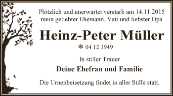 Traueranzeige von Heinz-Peter Müller von WVG - Wochenspiegel Dessau / Köthen