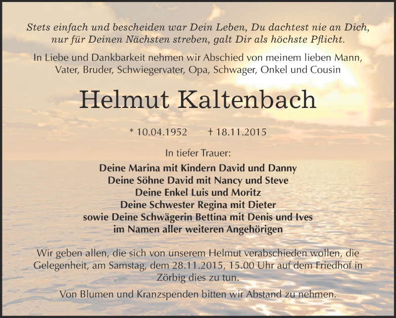  Traueranzeige für Helmut Kaltenbach vom 25.11.2015 aus WVG - Wochenspiegel Bitterfeld