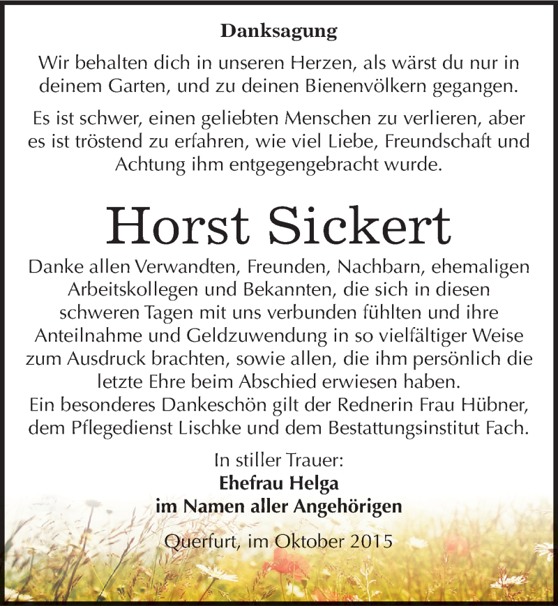  Traueranzeige für Horst Sickert vom 07.11.2015 aus Mitteldeutsche Zeitung Merseburg/Querfurt