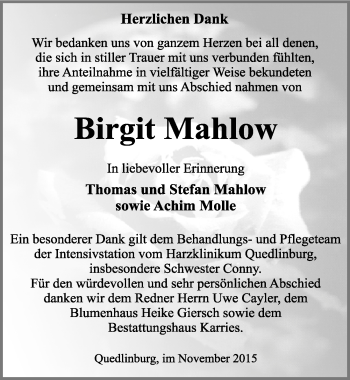 Traueranzeige von Birgit Mahlow von Mitteldeutsche Zeitung Quedlinburg