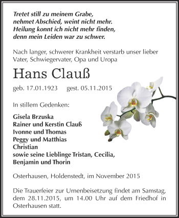 Traueranzeige von Hans Clauß von WVG - Wochenspiegel SGH
