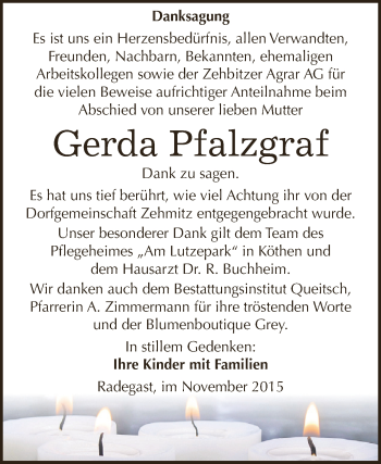 Traueranzeige von Gerda Pfalzgraf von WVG - Wochenspiegel Dessau / Köthen