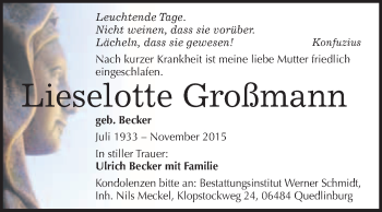Traueranzeige von Lieselotte Großmann von WVG - Wochenspiegel Quedlinburg
