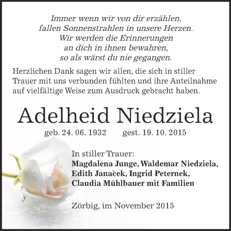  Traueranzeige für Adelheid Niedziela vom 18.11.2015 aus WVG - Wochenspiegel Bitterfeld