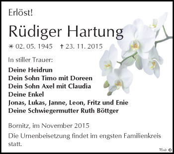Traueranzeige von Rüdiger Hartung von Super Sonntag Zeitz