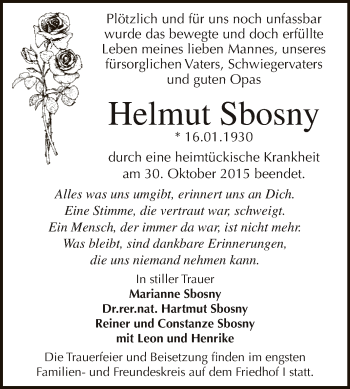 Traueranzeige von Helmut Sbosny von WVG - Wochenspiegel Dessau / Köthen