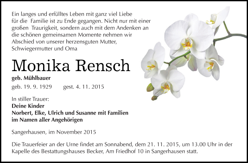  Traueranzeige für Monika Rensch vom 14.11.2015 aus Super Sonntag SGH Mansf. Land