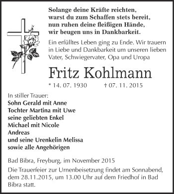 Traueranzeige von Fritz Kohlmann von WVG - Wochenspiegel NMB / WSF / ZTZ