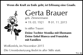 Traueranzeige von Gerta Brauer von WVG - Wochenspiegel NMB / WSF / ZTZ