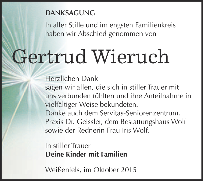  Traueranzeige für Gertrud Wieruch vom 11.11.2015 aus WVG - Wochenspiegel NMB / WSF / ZTZ