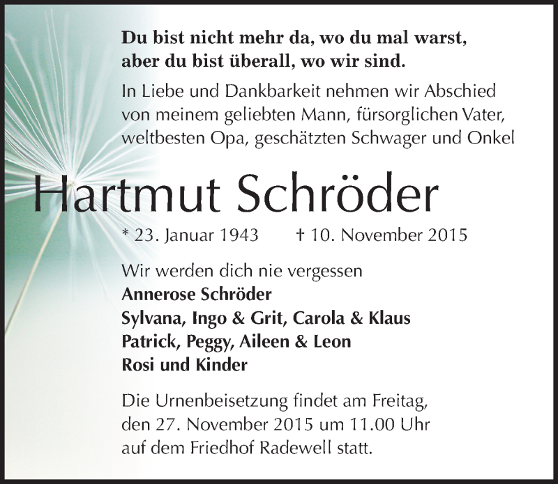  Traueranzeige für Hartmut Schröder vom 21.11.2015 aus Mitteldeutsche Zeitung Halle/Saalkreis