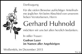 Traueranzeige von Gerhard Huhnold von WVG - Wochenspiegel NMB / WSF / ZTZ