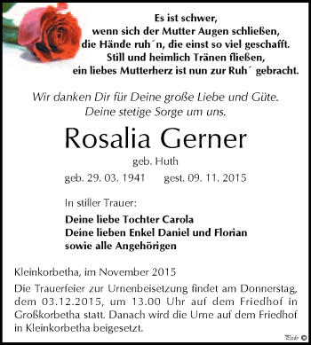 Traueranzeige von Rosalia Gerner von WVG - Wochenspiegel NMB / WSF / ZTZ