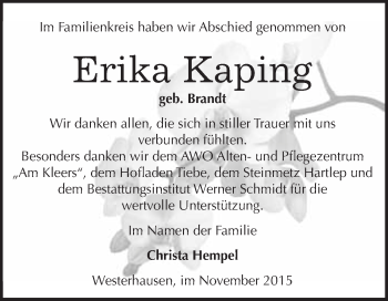 Traueranzeige von Erika Kaping von WVG - Wochenspiegel Quedlinburg