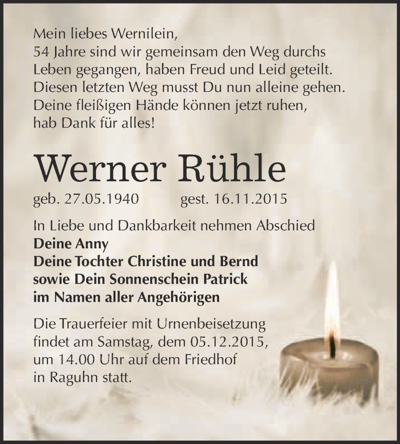  Traueranzeige für Werner Rühle vom 25.11.2015 aus WVG - Wochenspiegel Bitterfeld