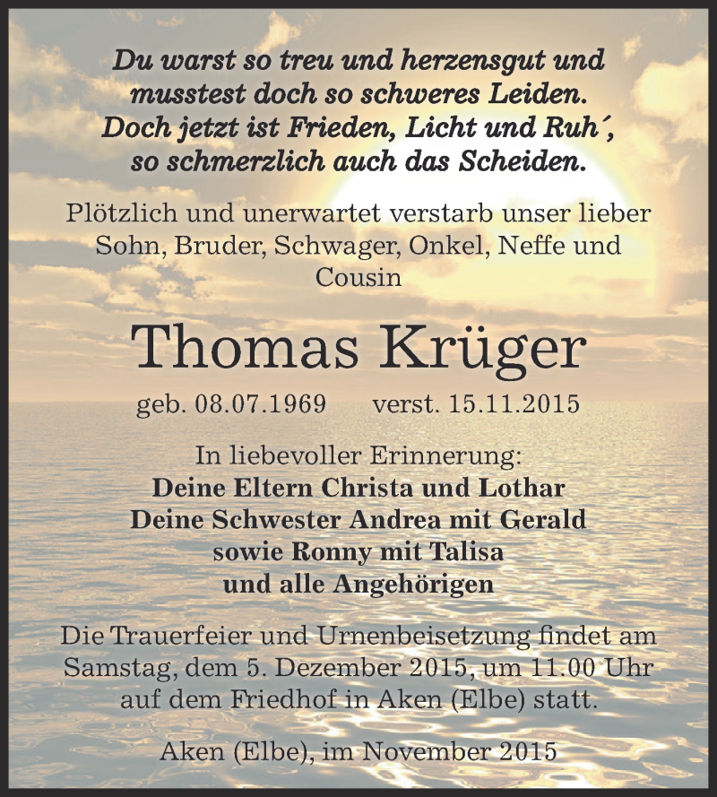  Traueranzeige für Thomas Krüger vom 21.11.2015 aus WVG - Wochenspiegel Dessau / Köthen