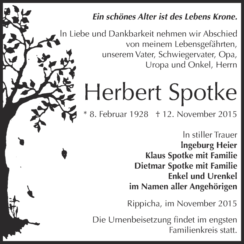  Traueranzeige für Herbert Spotke vom 21.11.2015 aus Super Sonntag Zeitz