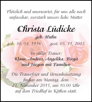 Traueranzeige von Christa Lüdicke von WVG - Wochenspiegel Dessau / Köthen