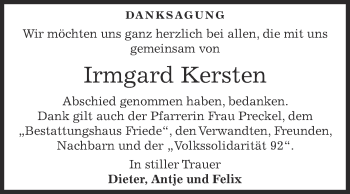 Traueranzeige von Irmgard Kersten von WVG - Wochenspiegel Dessau / Köthen