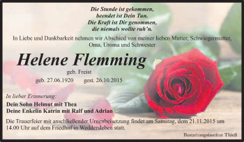 Traueranzeige von Helene Flemming von Super Sonntag Quedlinburg