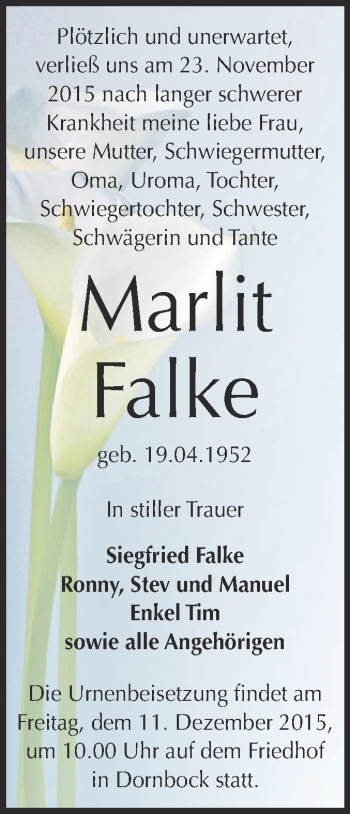 Traueranzeige von Marlit Falke von WVG - Wochenspiegel Dessau / Köthen