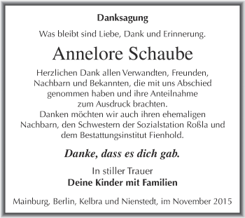Traueranzeige von Annelore Schaube von Super Sonntag SGH Mansf. Land