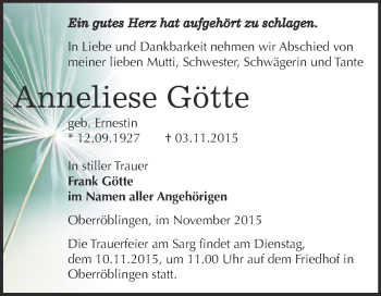 Traueranzeige von Anneliese Götte von Super Sonntag SGH Mansf. Land