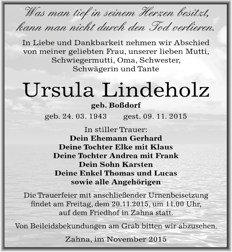  Traueranzeige für Ursula Lindeholz vom 14.11.2015 aus Mitteldeutsche Zeitung Wittenberg
