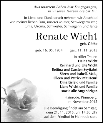 Traueranzeige von Renate Wicht von Mitteldeutsche Zeitung Sangerhausen