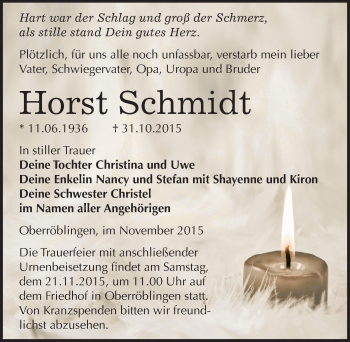 Traueranzeige von Horst Schmidt von Mitteldeutsche Zeitung Sangerhausen